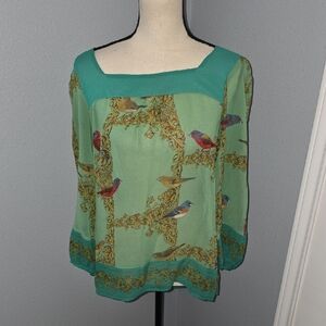 Teal Bird-Print Square-Neck Blouse